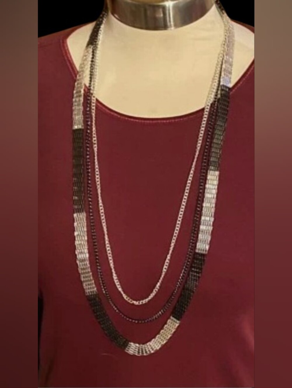 Necklace two-tone silver and gunmetal Triple Strand Chain